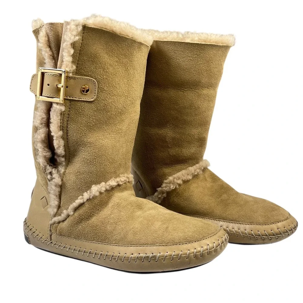 Tory Burch Women's‎ Sherpa Lined Boho Buckle Boots Camel Suede Gold Metal $250